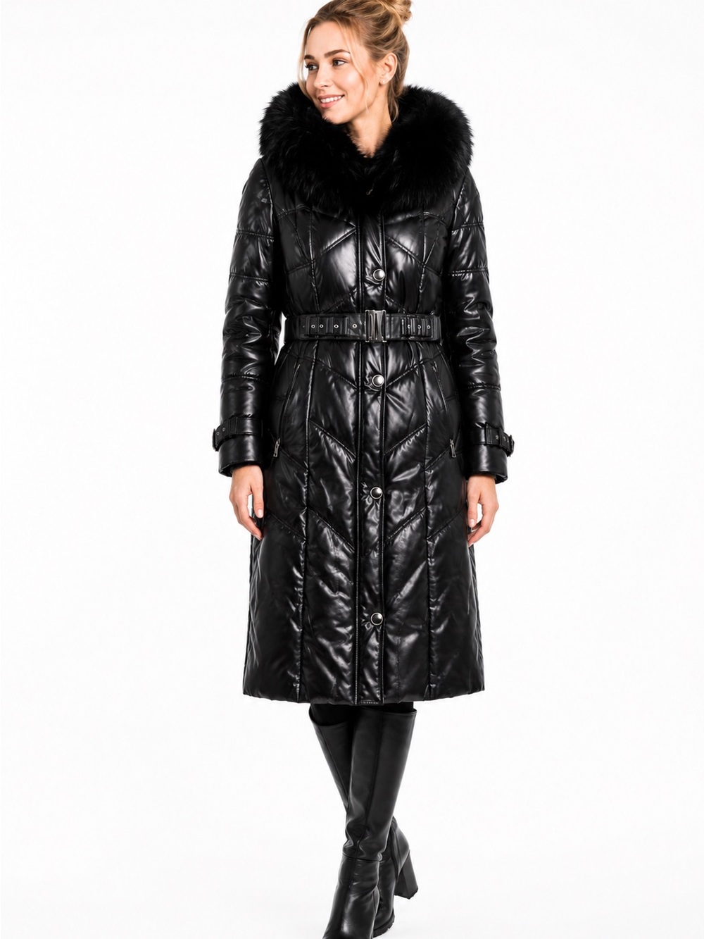 Rosa Mori (Irma Paytler) Genuine Soft Lamb Leather Long Winter Coat - Fur Collar